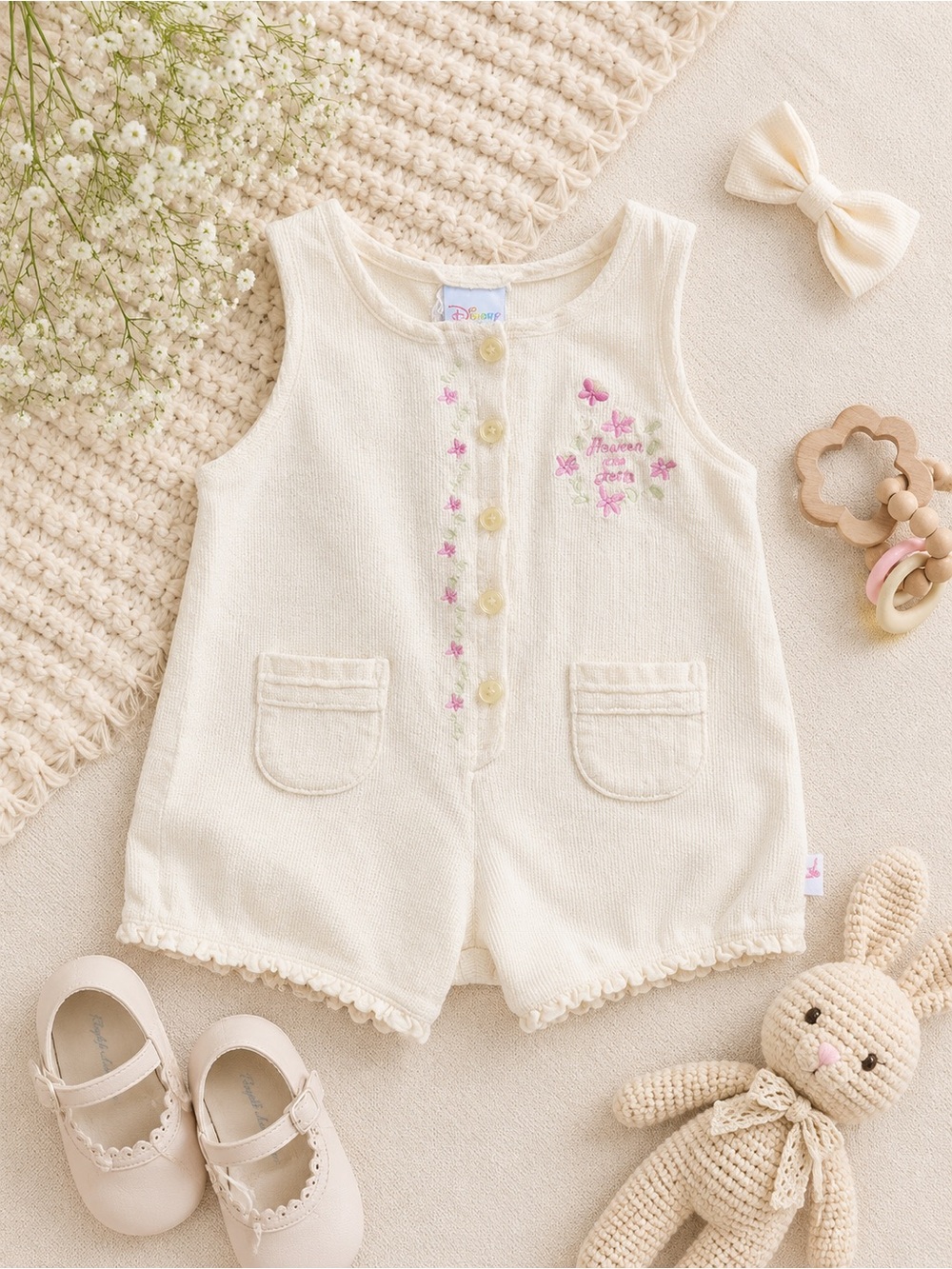 Yellow Disney Baby Girl Sleeveless Romper with Pink Floral Embroidery
